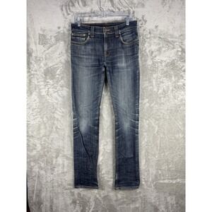 Nudie Thin Finn Navy Slim Fit Denim Jeans Mens 32 (fits 31x31) Faded‎ Whiskers